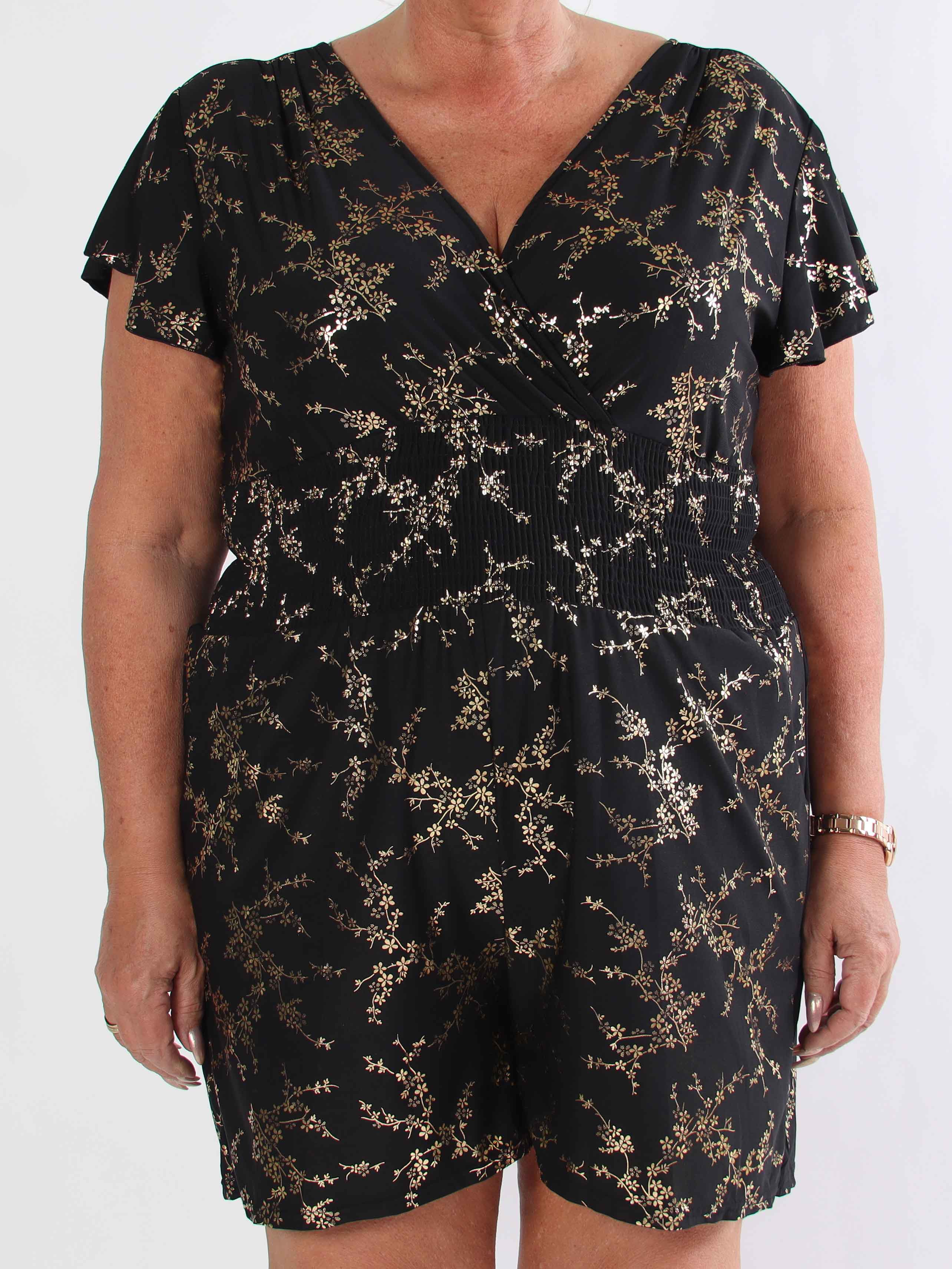 Pams Gold Playsuit - Elastisk plus size buksedragt med guld print